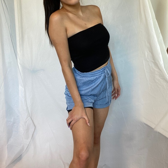 High-Waisted Denim Blue Drawstring Shorts - Picture 2 of 3